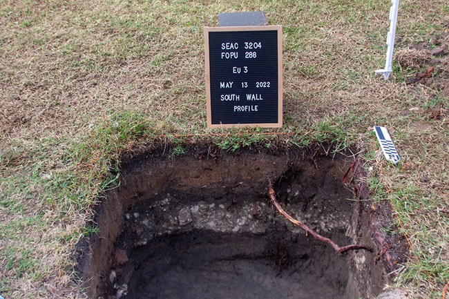 Archeological hole with distinct soil layers visible in the sides.