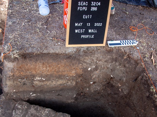 Archeological hole with distinct soil layers visible in the sides.