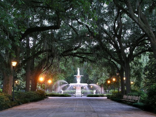 water fountain surrounded by oak trees with hanging Spanish moss