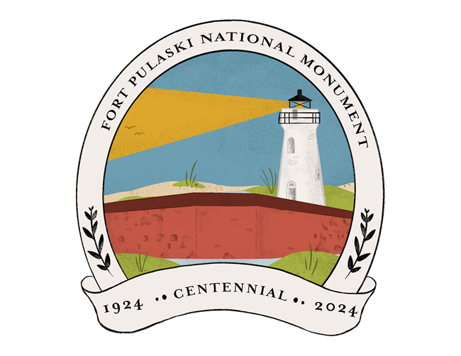 Fort Pulaski Centennial Logo Drawing of a lighthouse and fort.