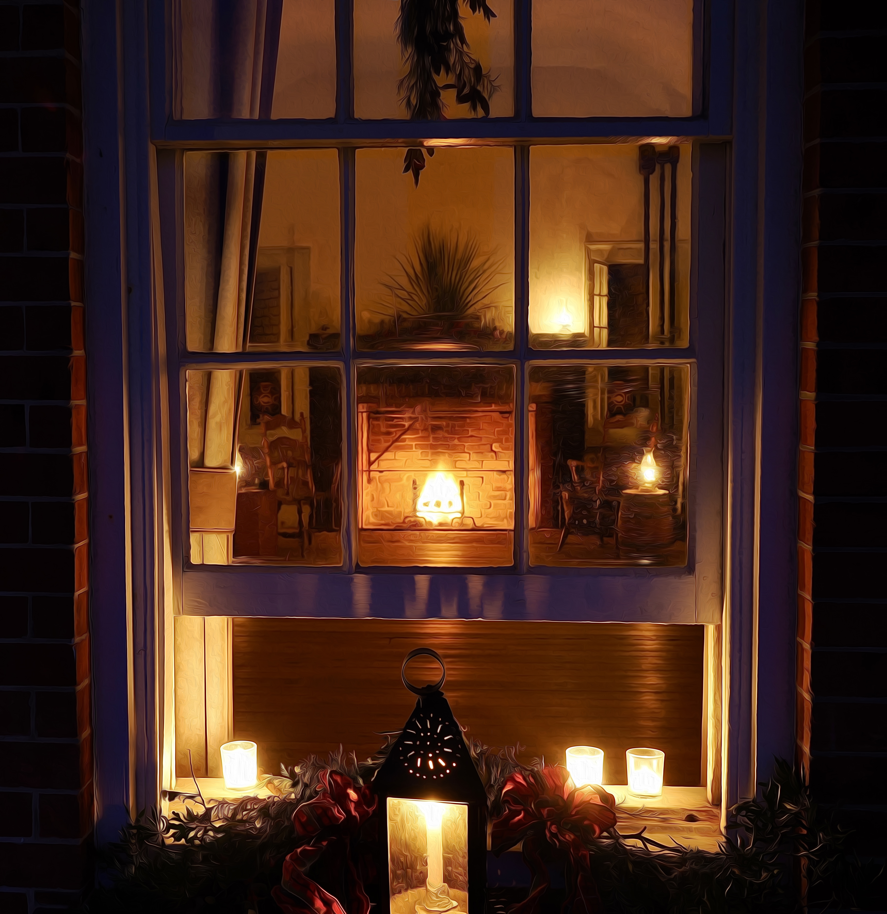 Looking through a window into a room decorated for the holidays.
