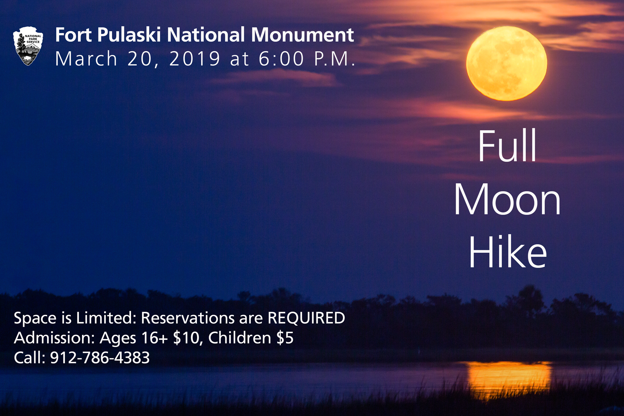Full Moon Hike Poster Moonrise over Cockspur Island used for event poster