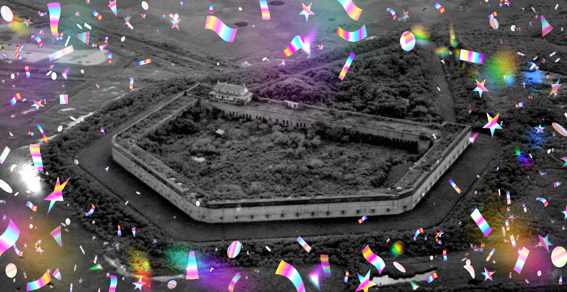 Fort Pulaski Birthday - Aerial An aerial image of Fort Pulaski from 1924 surrounded by colorful confetti.