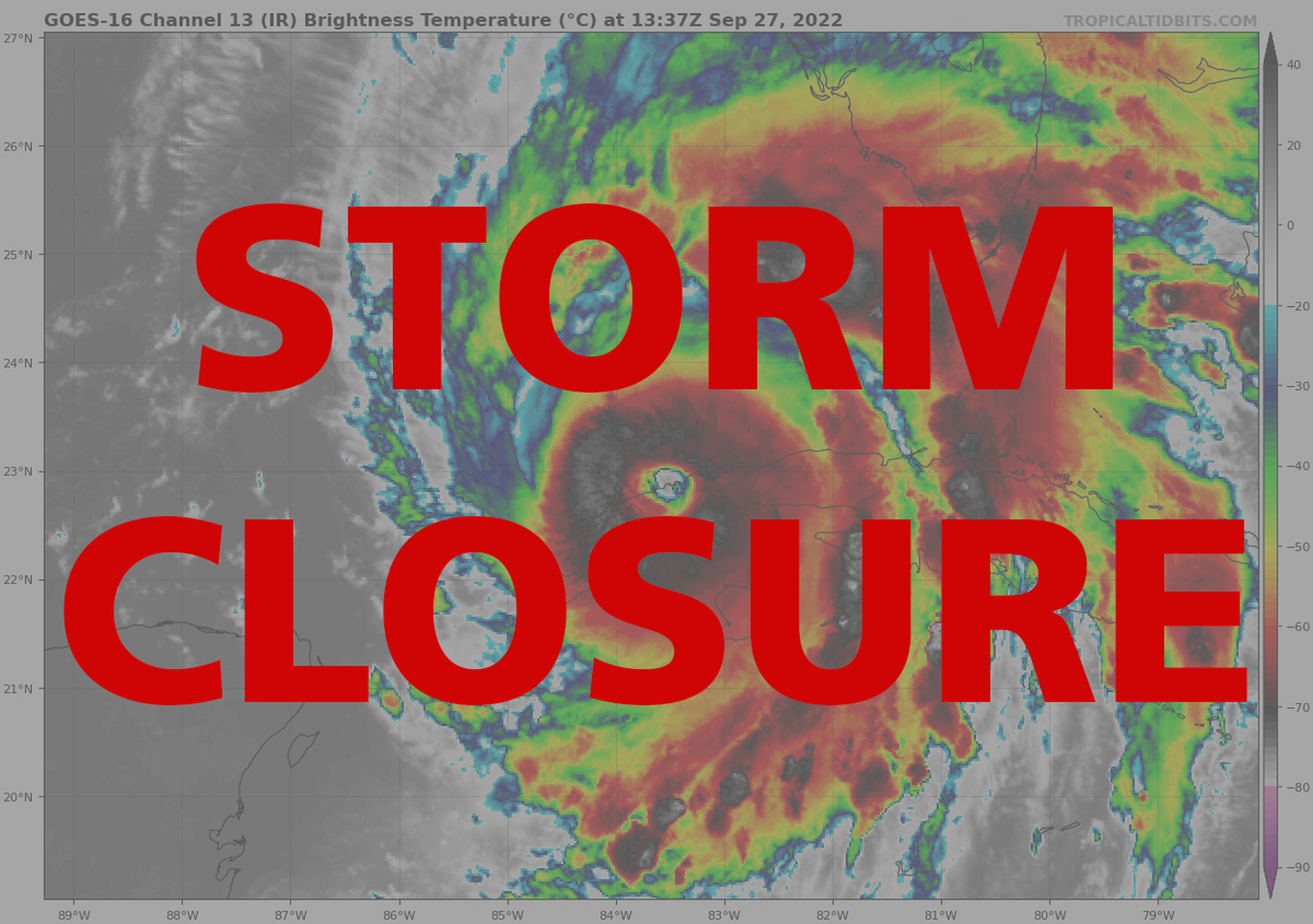 A satellite view of Hurricane Ian with text STORM CLOSURE in red.