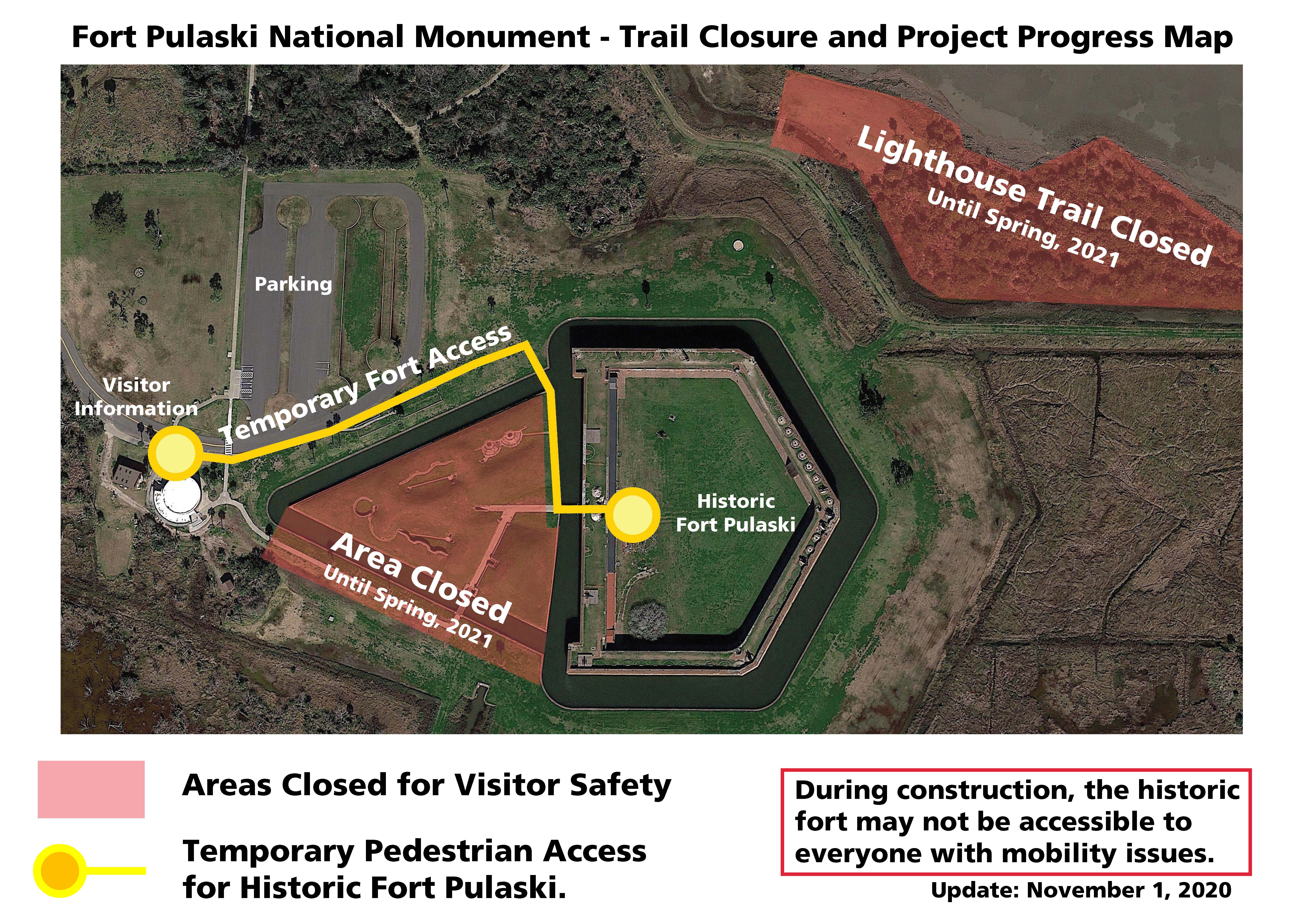 Fort Pulaski Trail Closure and Project Progress Map - 1 November 2020 An image of a map that shows the Lighthouse Trail Closed and alternate access inside the fort.