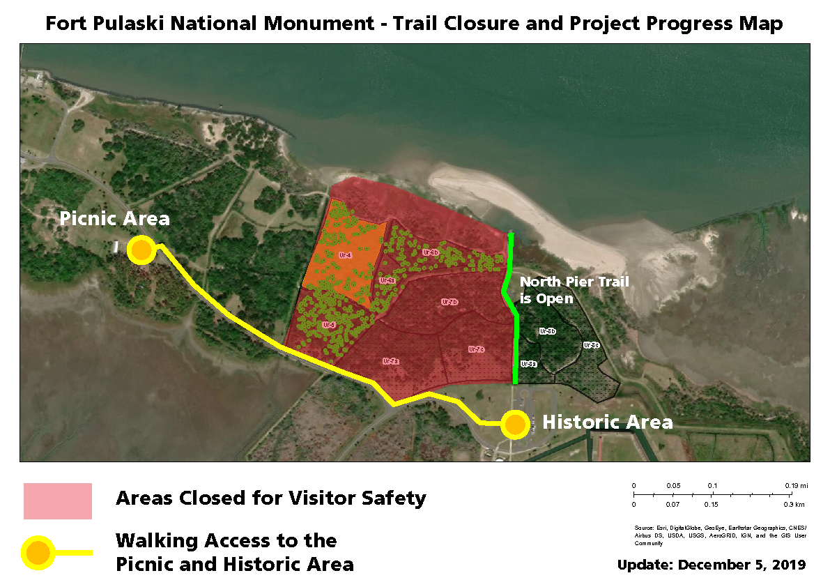 Fort Pulaski Trail Closure and Project Progress Map - 5 December 2019 Image of a map showing areas that are closed for visitor safety.