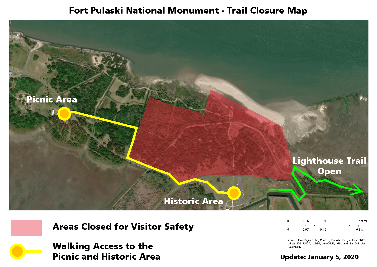 Fort Pulaski Trail Closure and Project Progress Map - 5 January 2020 Fort Pulaski Trail Closure and Project Progress Map - 5 January 2020