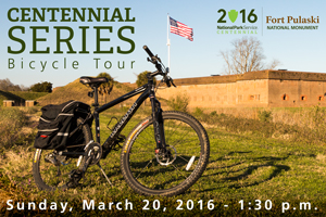 A bicycle is featured in front of Fort Pulaski with text with information about the upcoming Centennial Series event.