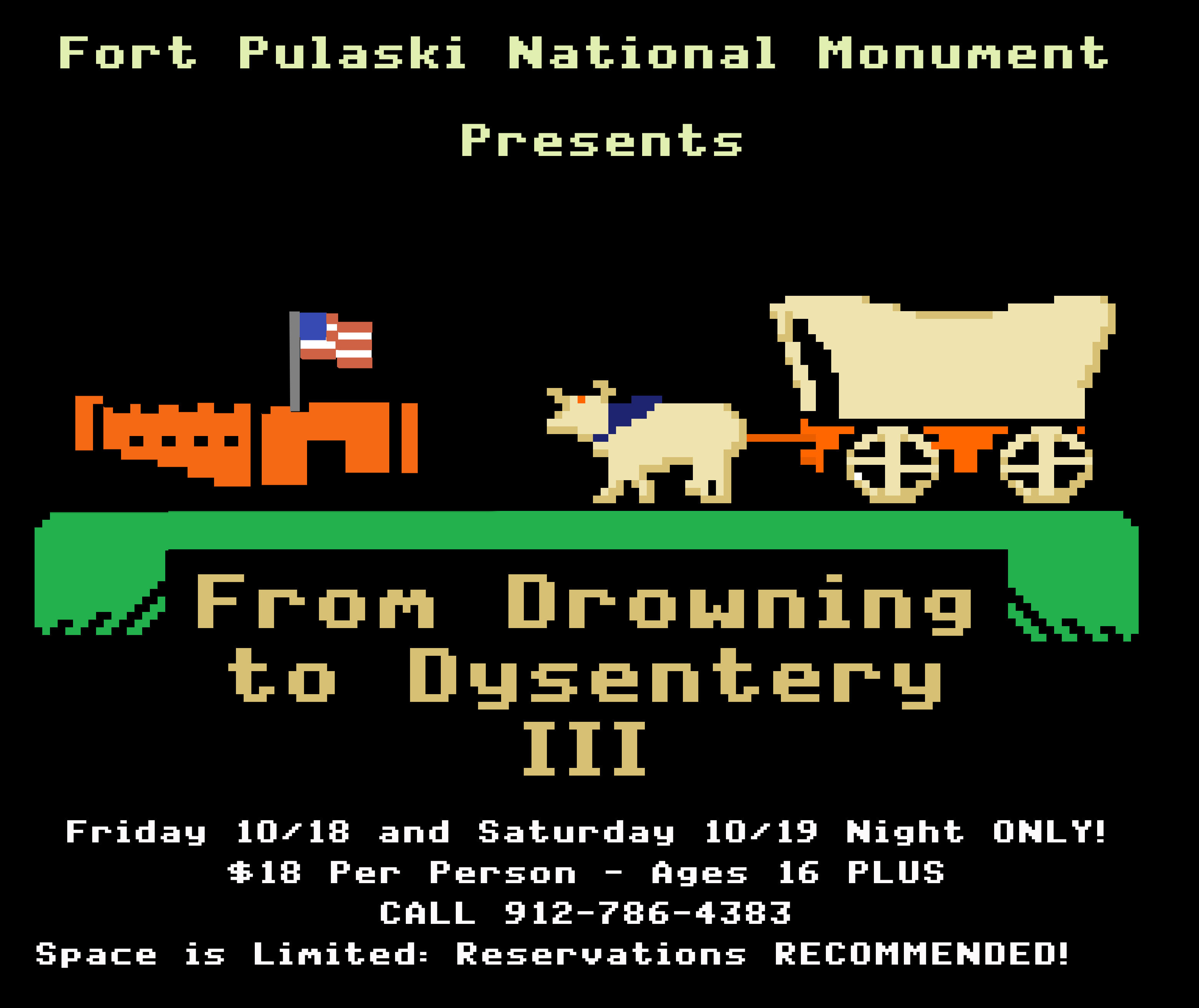 From-Drowning-to-Dysentery-III Poster showing a 1980s era computer game version with wagon ox and fort.