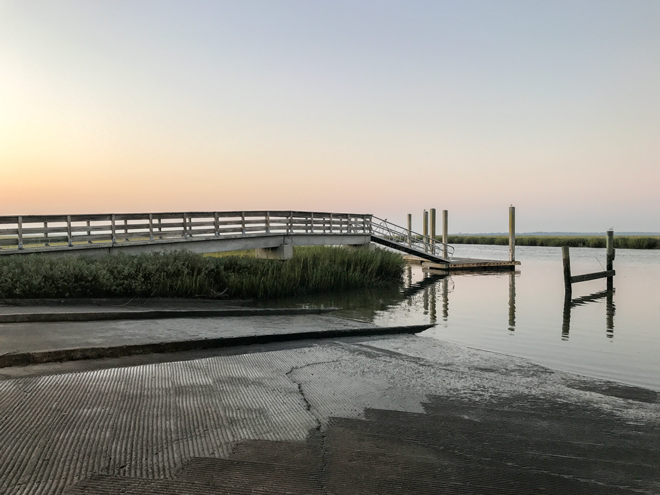 Lazaretto Creek Boat Ramp A boat ramp and pier stick out into the Lazaretto Creek