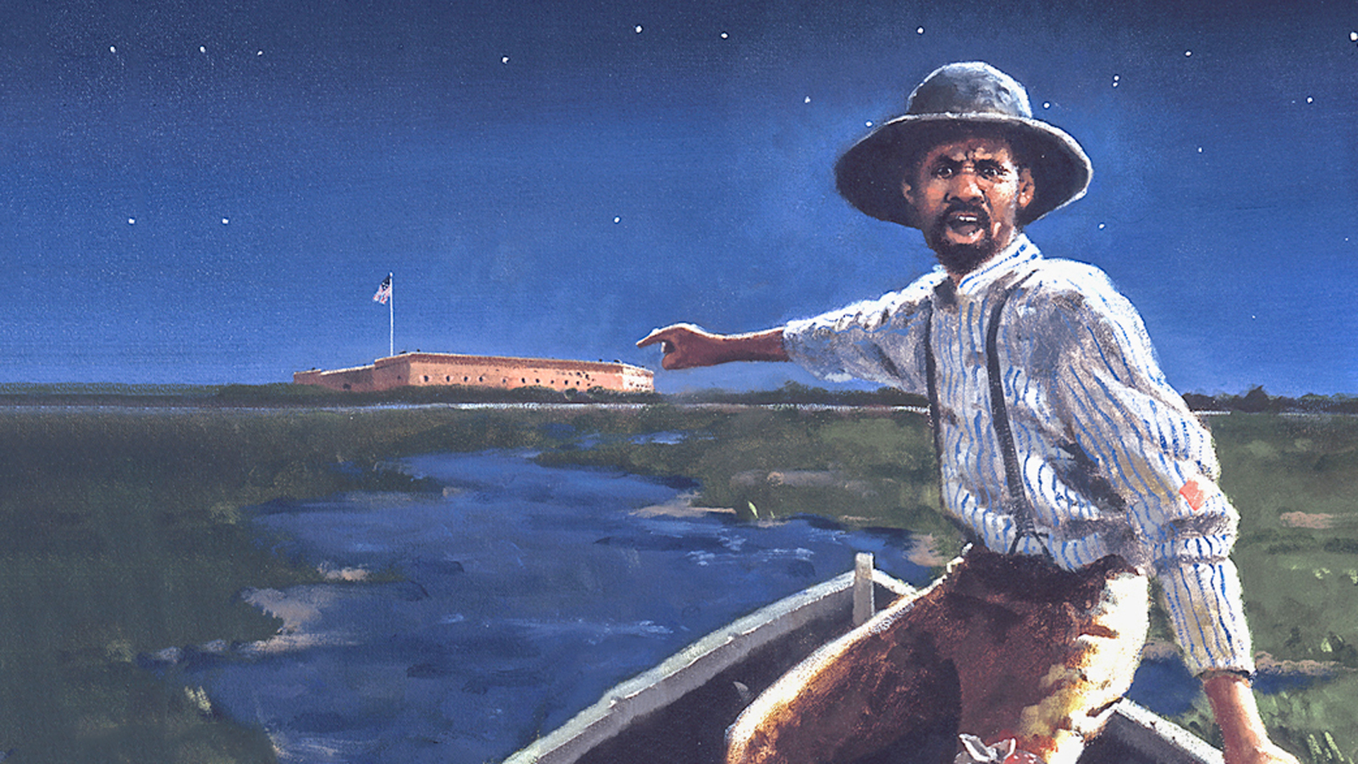 An edited section of Martin Pates March Haynes painting shows an african-american male pointing to the brick walls of Fort Pulaski during the night. He is in a wooden rowboat in the marshes surrounding the fort.