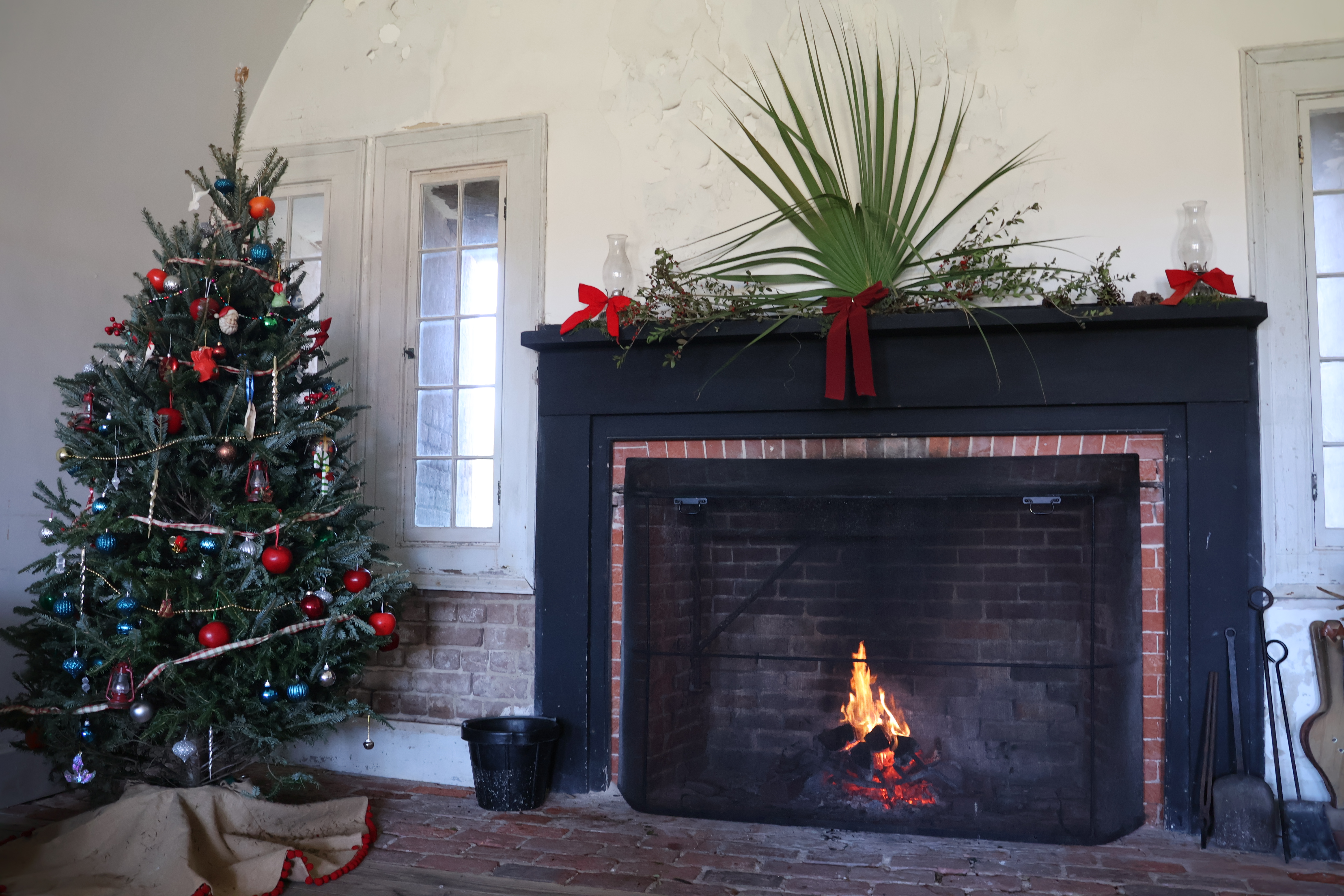 A room with a Christmas Tree to the left and a fireplace to the right.