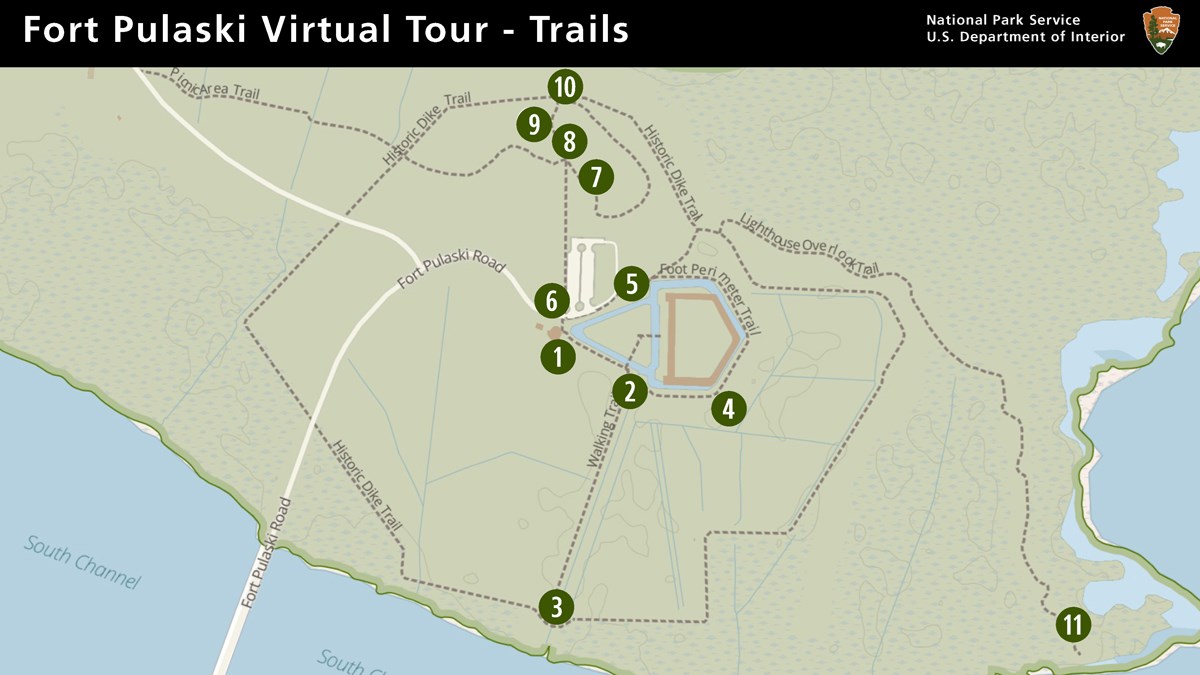 A map of Cockspur Island with trails and numbers