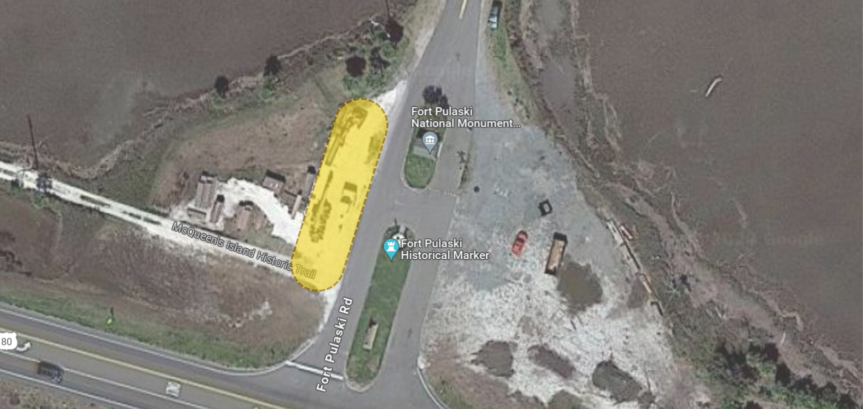 Satellite image of park entrance station with west parking lot highlighted