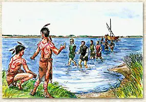 A drawing showing two native American people waiting on the bank while a band of colonist wade through the water from their ship to meet them.