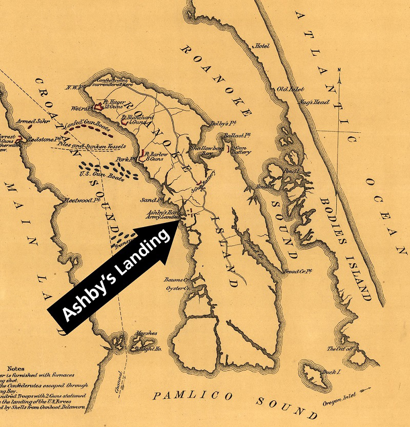 A historic map of Roanoke Island with a large black arrow labelled Ashby's Landing pointing to a harbor on the western side of the island