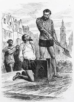 A print of a man kneeling with another man holding an axe above him indicating the kneeling man is about to be executed