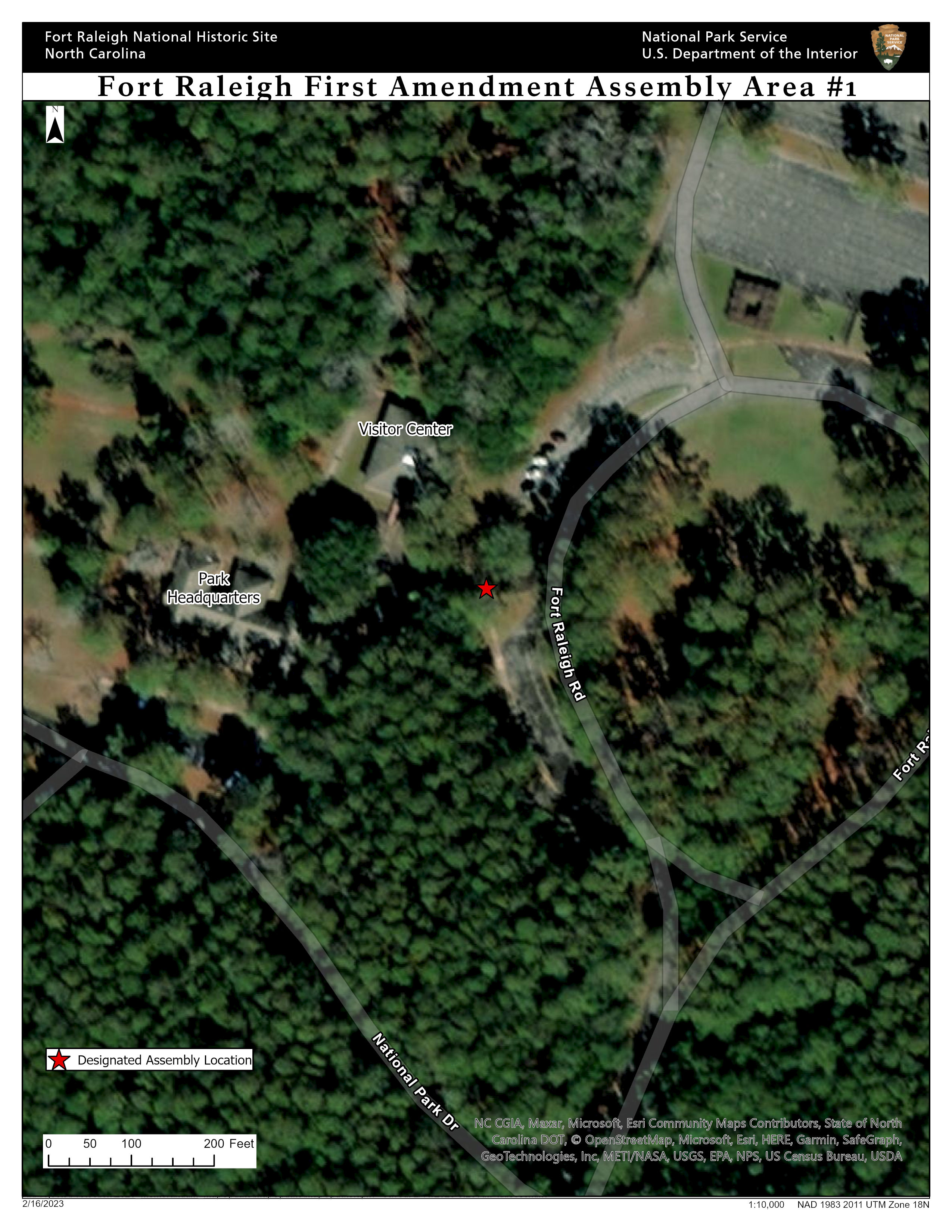 Aerial photograph of Fort Raleigh National Historic Site. Assembly area #1 is located between Fort Raleigh Road and the visitor center.