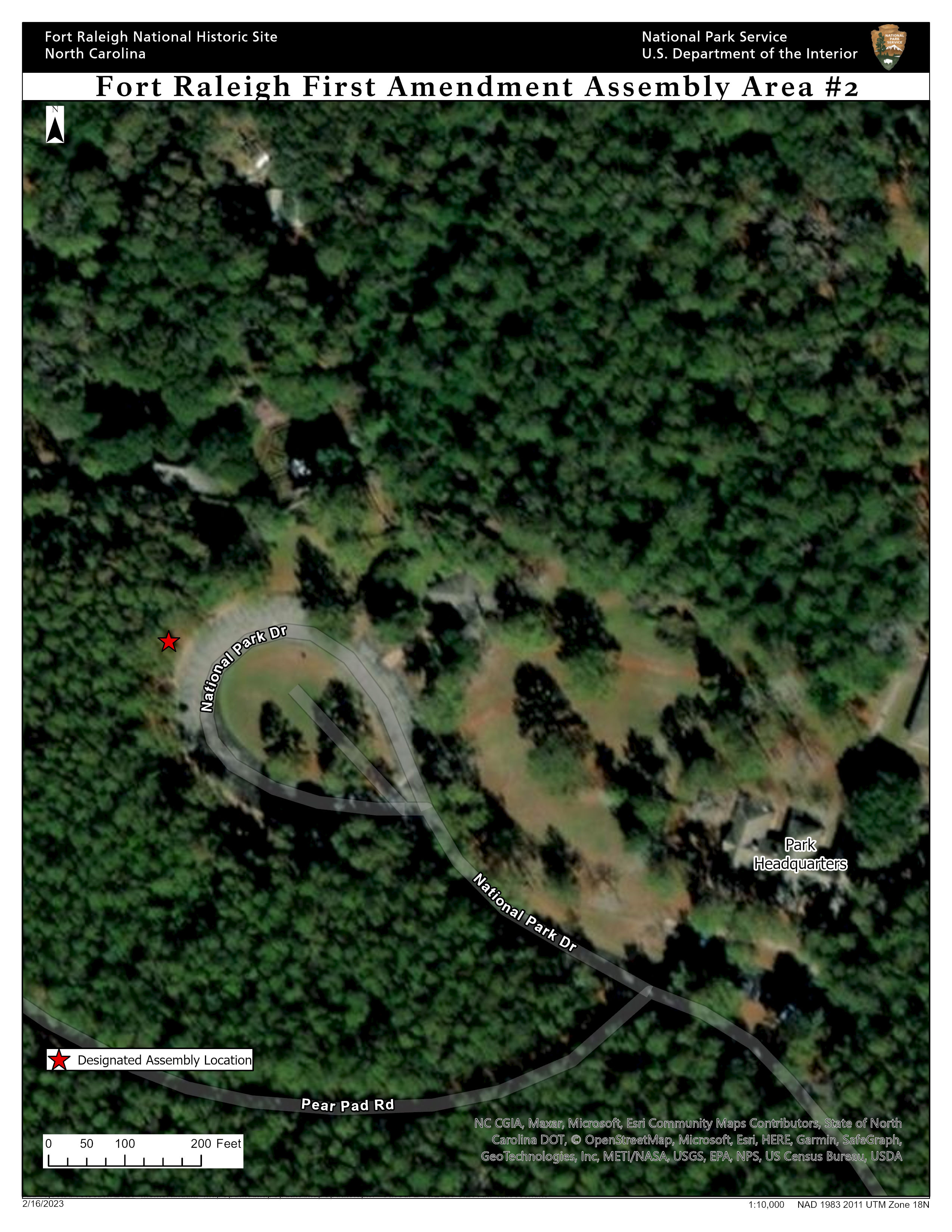 Aerial photograph of Fort Raleigh National Historic Site. Assembly area #2 is located just northwest of the loop National Park Drive makes at the northwest corner of the map.