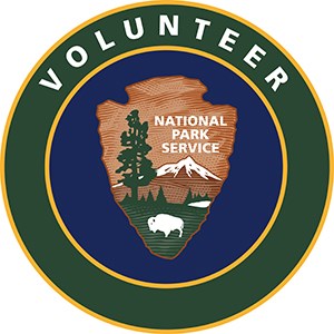 National Park Service Volunteer patch is circular with the word "volunteer" in white letters against a green outer circle. An inner circle is navy blue and has an NPS arrowhead within.
