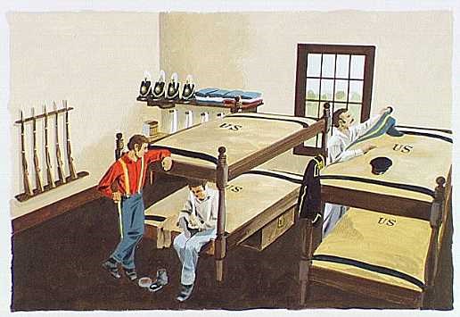 A drawing shows soldiers relaxing and putting away their uniforms in their barracks bunks.