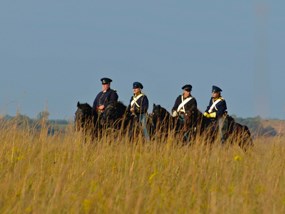 Four mounted dragoons ride through the prairie