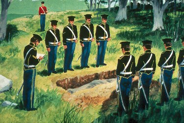 Soldiers stand around a grave as an officer gives remarks