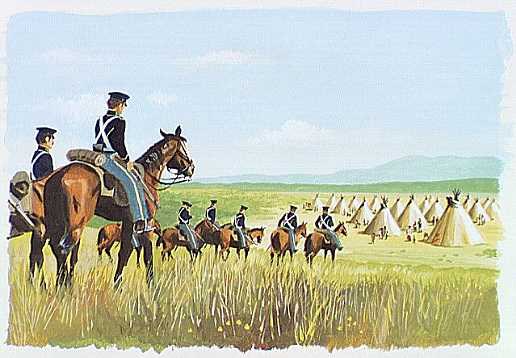 Painting shows soldiers on horseback riding toward a group of tipis.