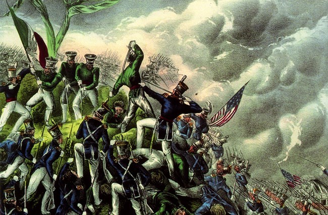 Colored drawing of soldiers in blue charging uphill to fight soldiers in green at the top of a hill.