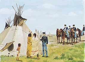 A soldier in blue uniform and a native American stand next to a tipi.  Soldiers on horseback in background