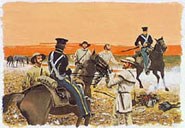 Dragoons encounter Texan freebooters along the Santa Fe Trail. Artwork by Hugh Brown