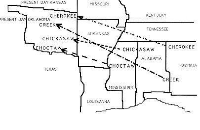 Map with arrows showing migration patterns of Native Americans who were moved  from the area east of the Mississippi River.