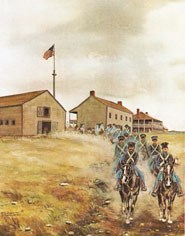 Off to War-soldiers leaving Fort Scott on an expedition. Artwork by Gary Hawk.
