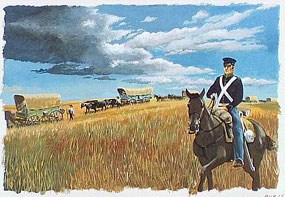 A Dragoon soldier escorting a wagon train along the Oregon Trail.