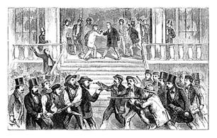 Black and white drawing of men with guns aimed towards each other.