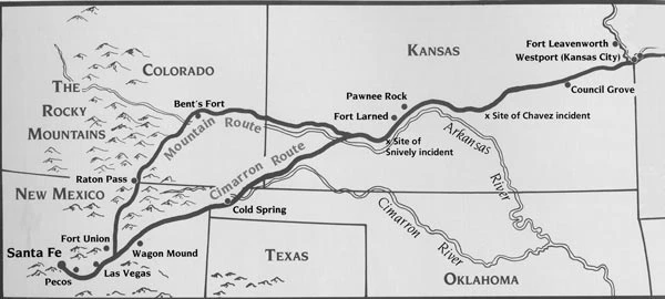 SF-Trail-Map Black and white Santa Fe Trail map from Kansas to New Mexico principally shows two routes labelled the Mountain Route and the Cimarron Route.