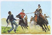 two men on horses pointing lances toward another soldier who is falling backward