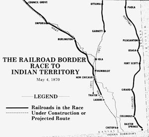 Map showing different railroads in a race to Indian Territory Black and white map showing different railroads to Indian Territory.