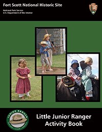 Cover of Fort Scott's Junior Ranger Book includes three images of children in historical clothes.