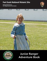 Cover of a Fort Scott Junior Ranger book includes a photo of a young girl wearing historical clothing.