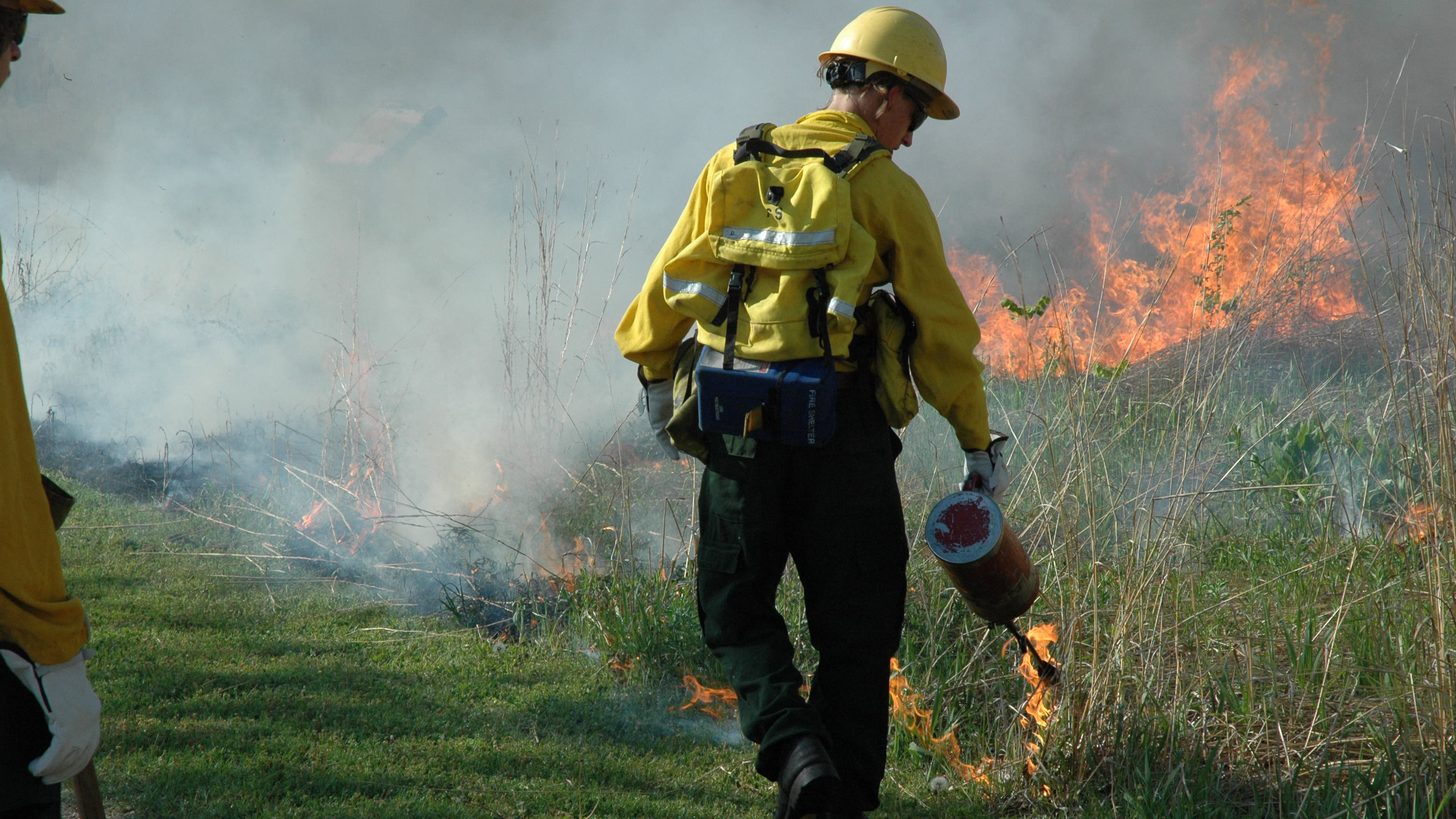 Firefighter igniting grass with more fire in the background.