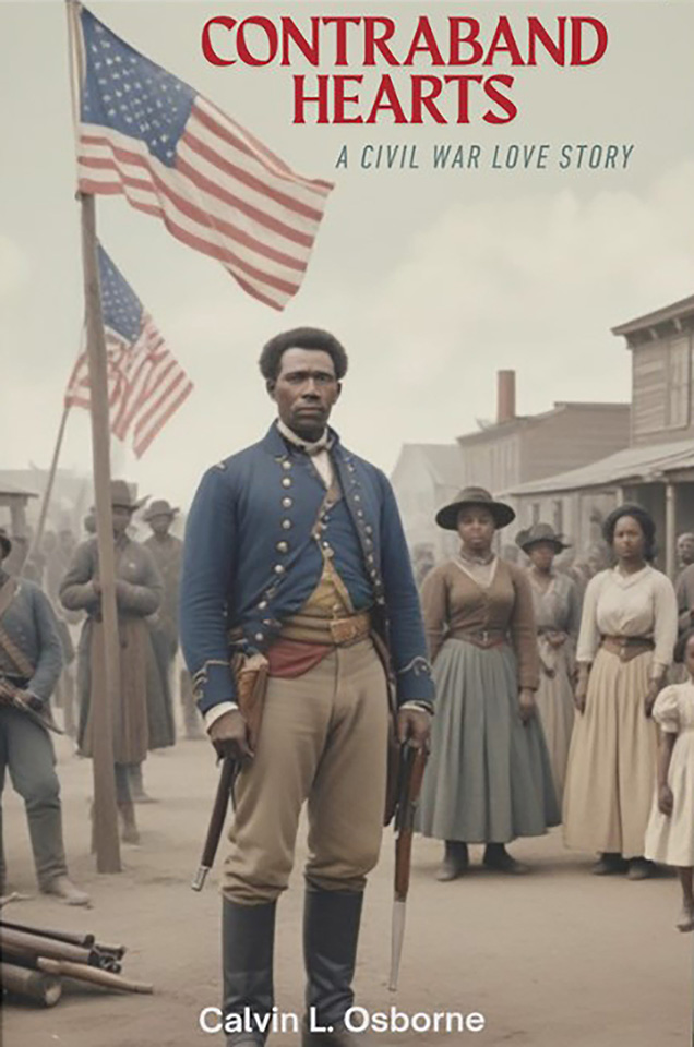 Drawing of an African American Civil War soldier with others in a frontier town.