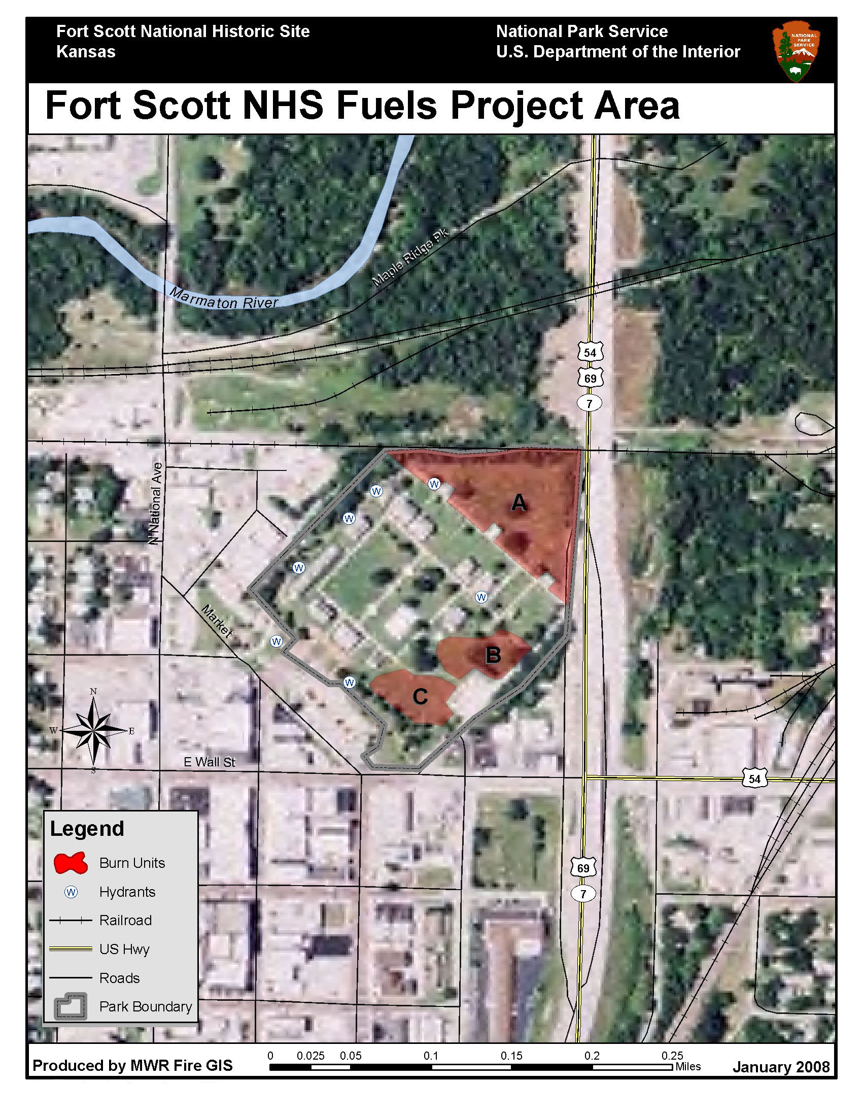 Map of the three burn units at Fort Scott NHS