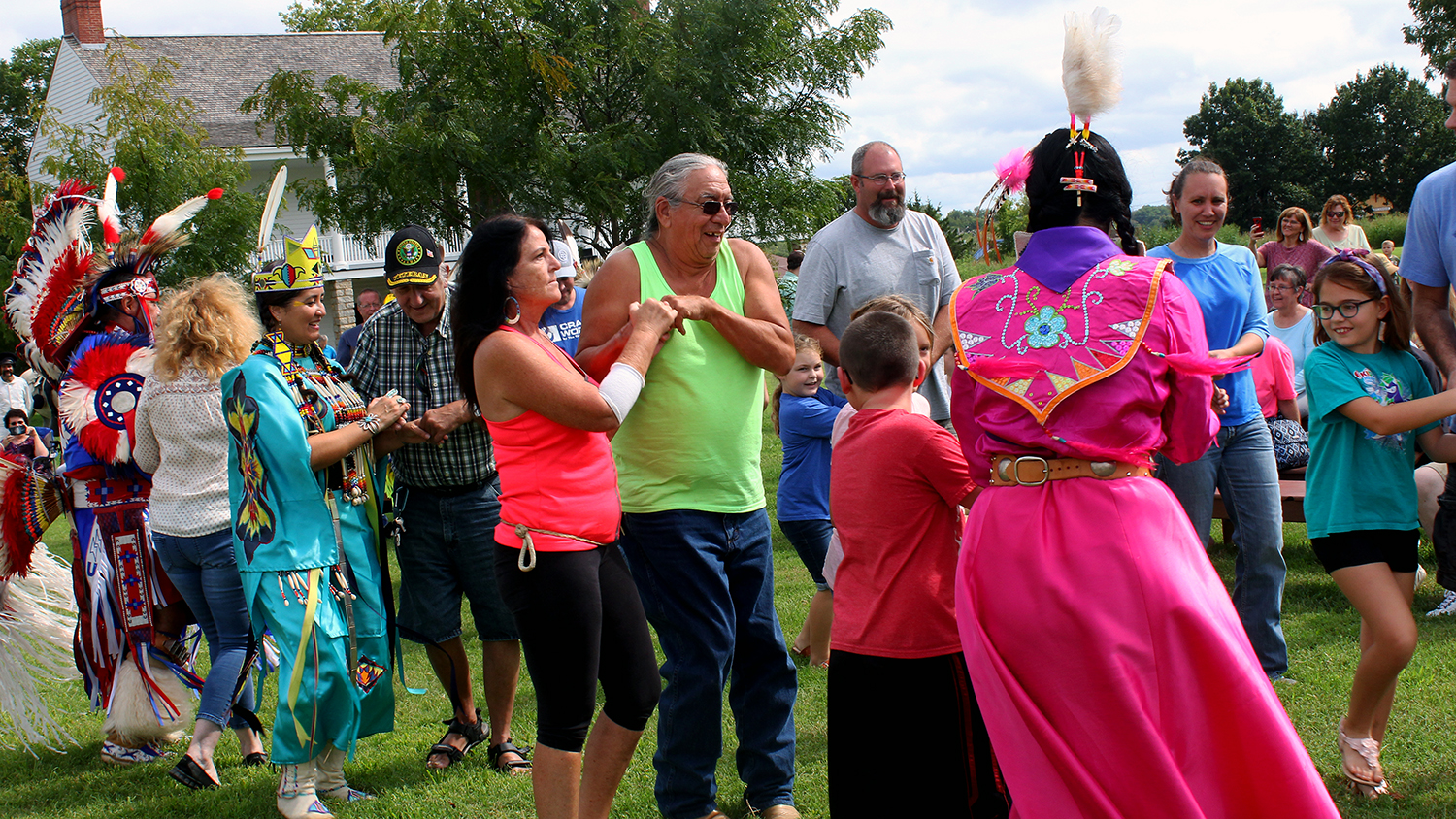 Oklahoma Native American Fancy Dancers, dancing with park visitors Oklahoma Native American Fancy Dancers, dancing with park visitors.