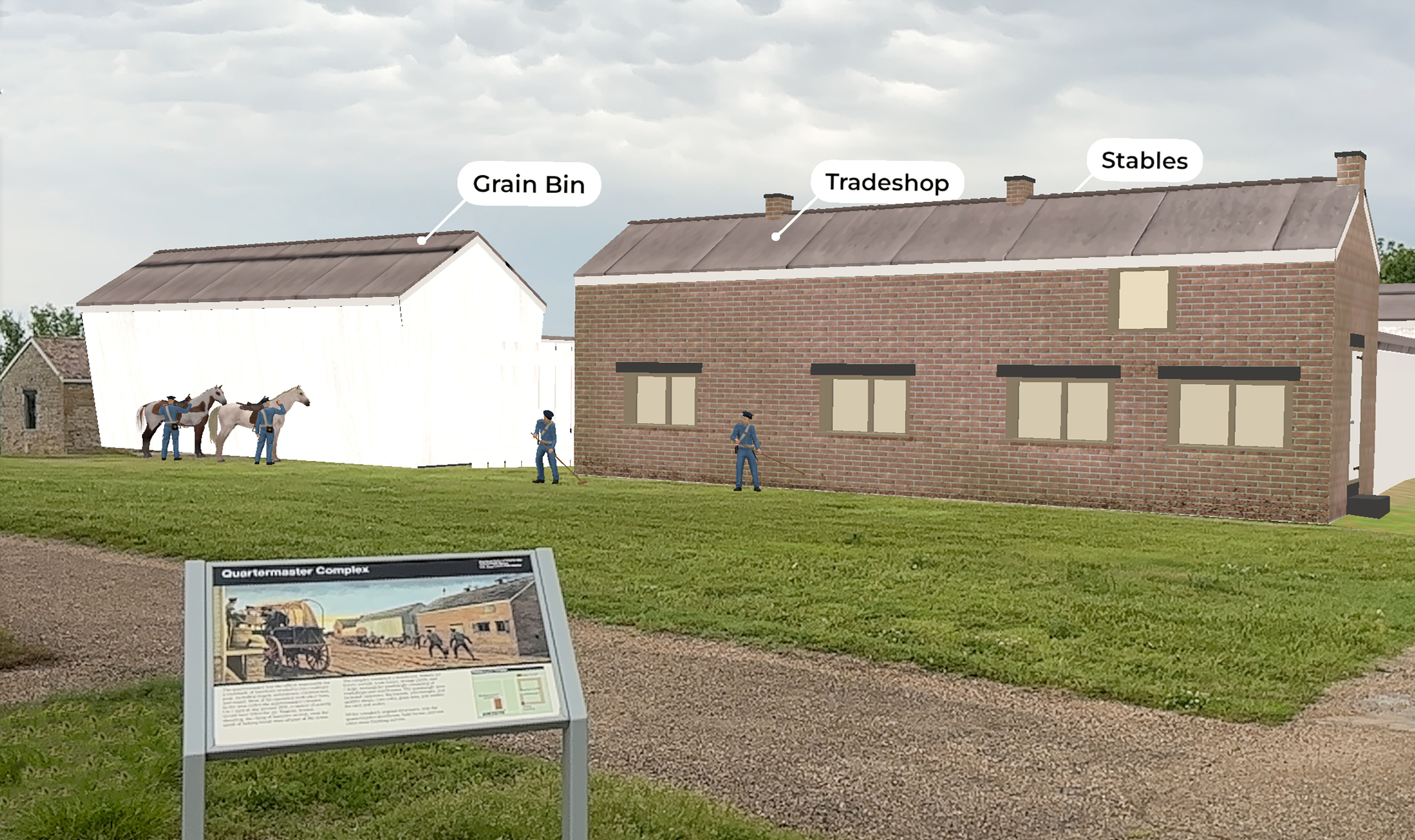 Augmented Reality experience of the Quartermasters Complex Digital reproductions of the brick trade shops, wooden granary, with period solders and horses added to the historic scene.