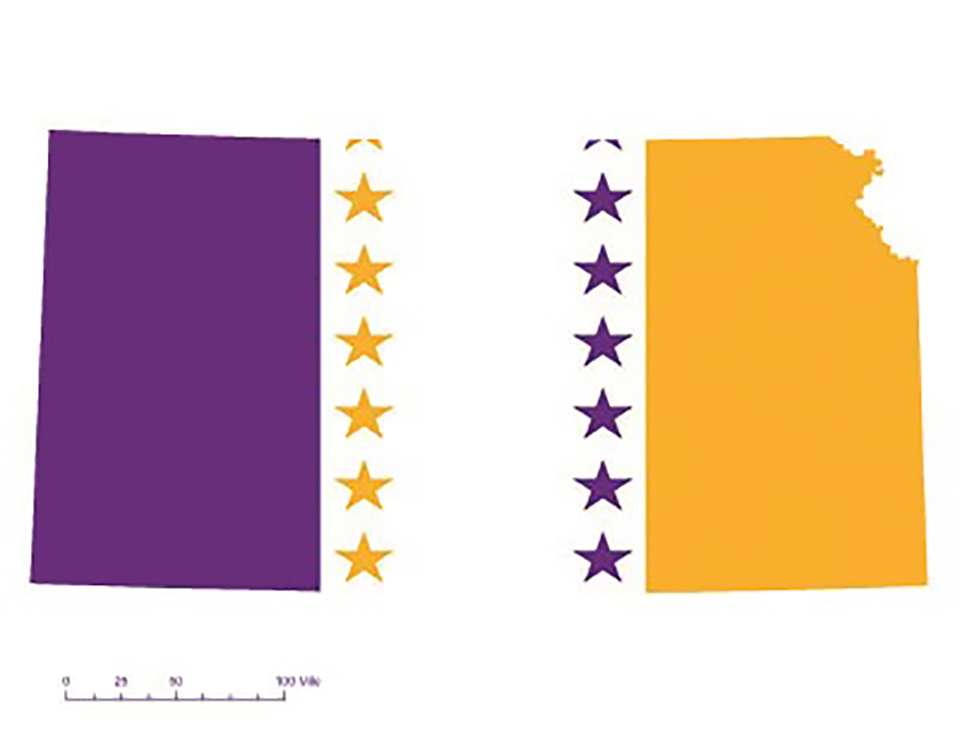 State of Kansas overlaid with the purple, white, and gold suffrage flag.