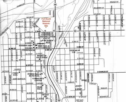 Street Map of Fort Scott showing location of Fort Scott National Historic Site