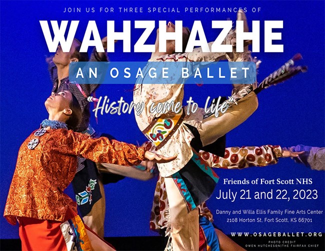 Wahzhazhe: An Osage Ballet text with Osage dancers in traditional regalia on a blue background.