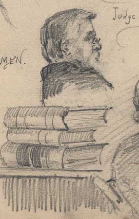 detail of courtroom sketch showing Judge Parker in profile with stack of law books in foreground detail of courtroom sketch showing Judge Parker in profile with stack of law books in foreground