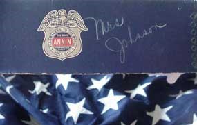 detail of flag box with Mrs. Johnson's name written on it
